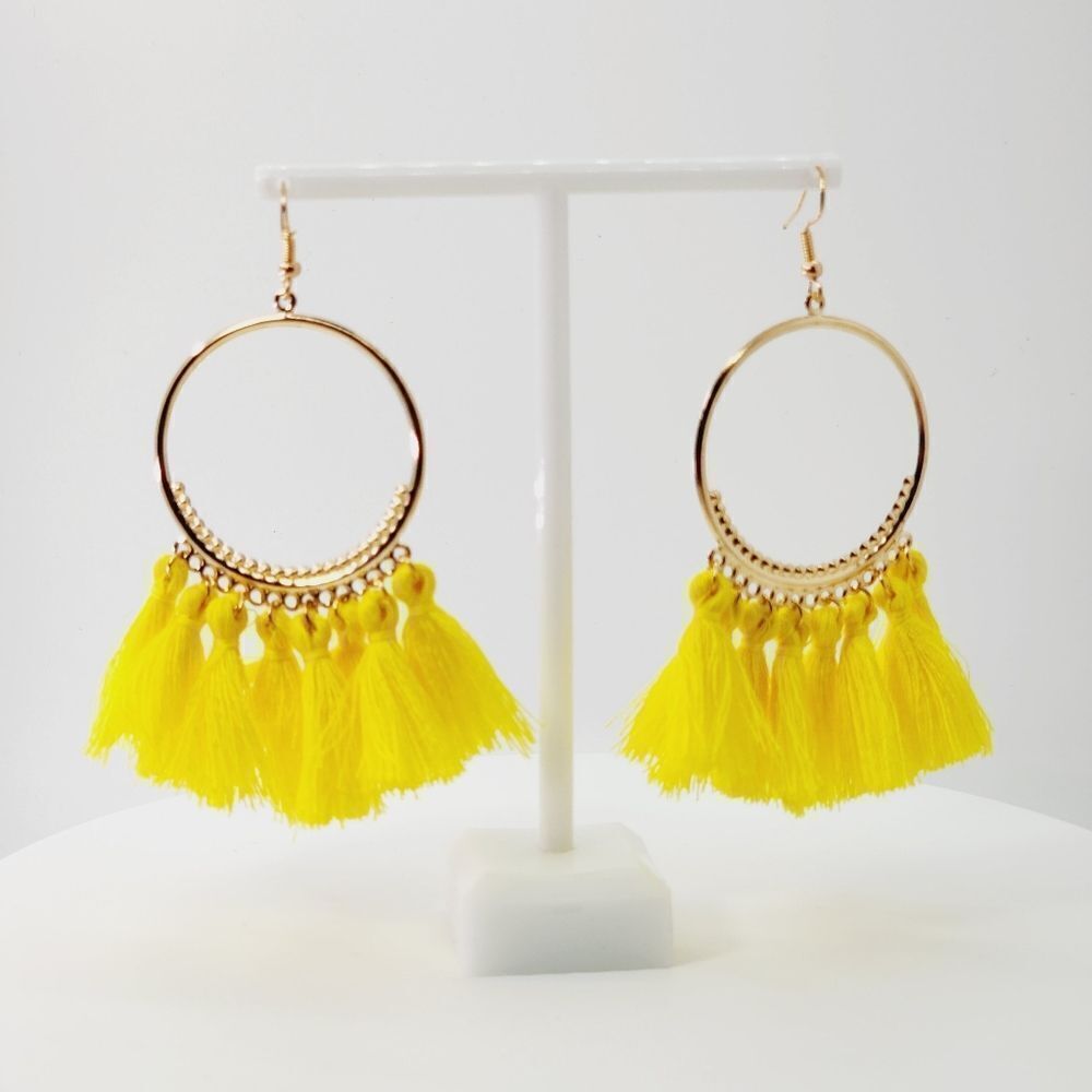Yellow Gold Toned Boho Drop Dangle Hoop Earrings Tassels Jewelry